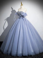 Blue A-Line Tulle Beads Long Prom Dresses Blue Long Prom Dresses