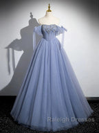 Blue A-Line Tulle Beads Long Prom Dress, Blue Long Formal Dress
