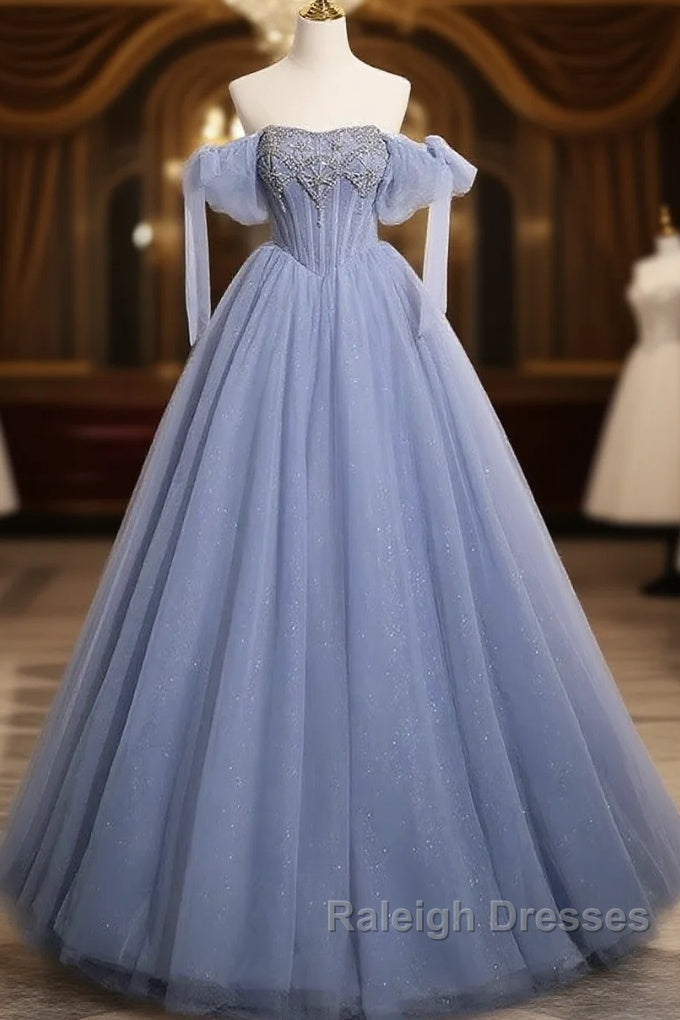 Blue A-Line Tulle Beads Long Prom Dress, Blue Long Formal Dress Main image