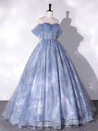 Blue A-Line Tulle Lace Long Prom Dresses Blue Prom Graduation Dresses