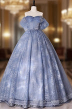 Blue A-Line Tulle Lace Long Prom Dresses Blue Prom Graduation Dresses