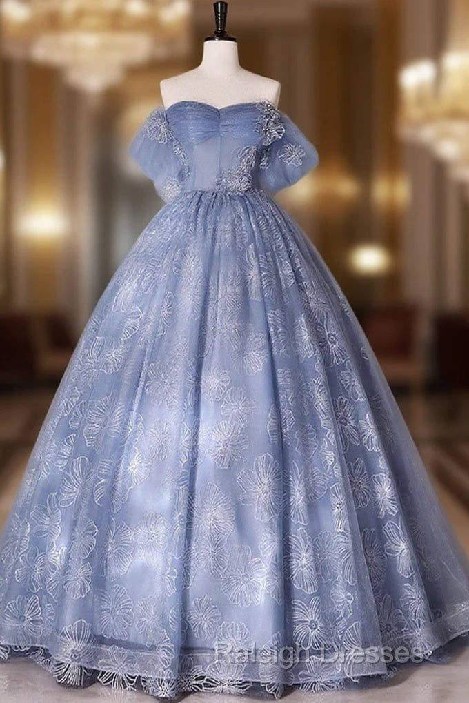 Blue A-Line Tulle Lace Long Prom Dresses Blue Prom Graduation Dresses