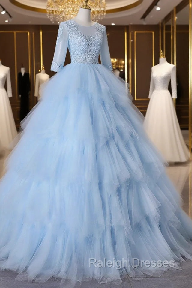 Blue A-Line Tulle Lace Long Prom Dress, Blue Lace Formal Evening Dresses Secondary image