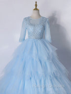 Blue A Line Tulle Lace Long Prom Dress, Blue Lace Formal Prom Dresses