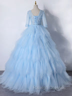 Blue A-Line Tulle Lace Long Prom Dress, Blue Lace Formal Evening Dresses