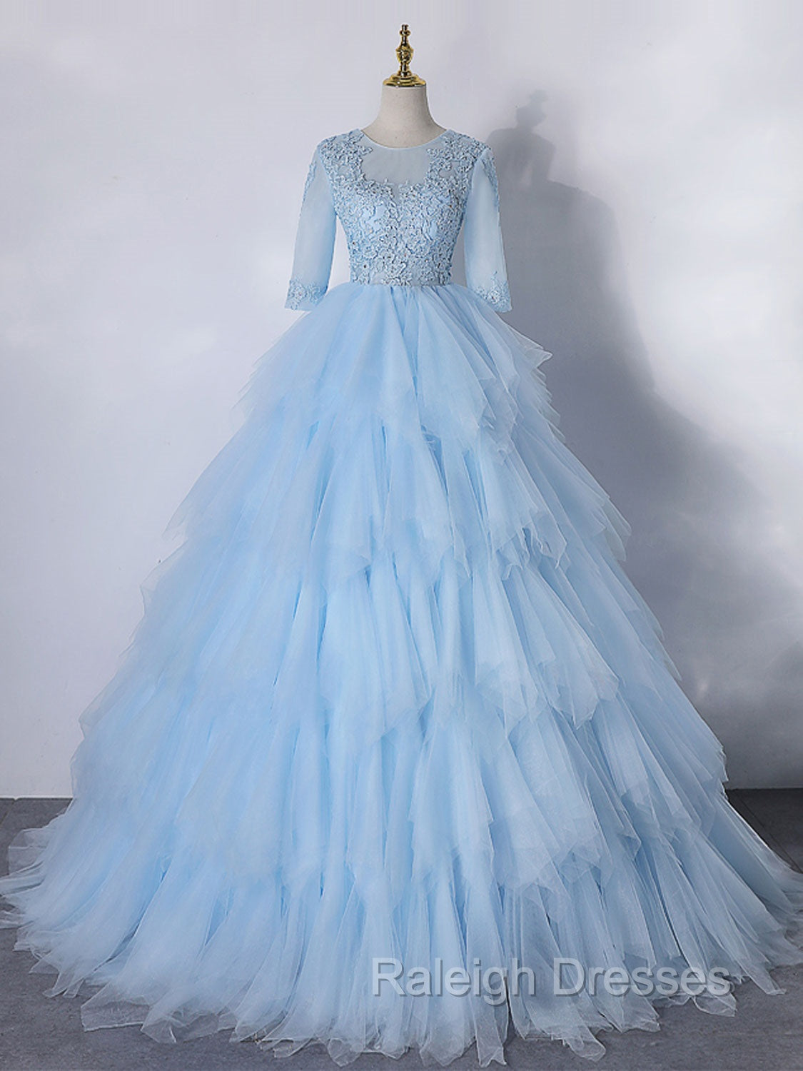 Blue A-Line Tulle Lace Long Prom Dress, Blue Lace Formal Evening Dresses Main image