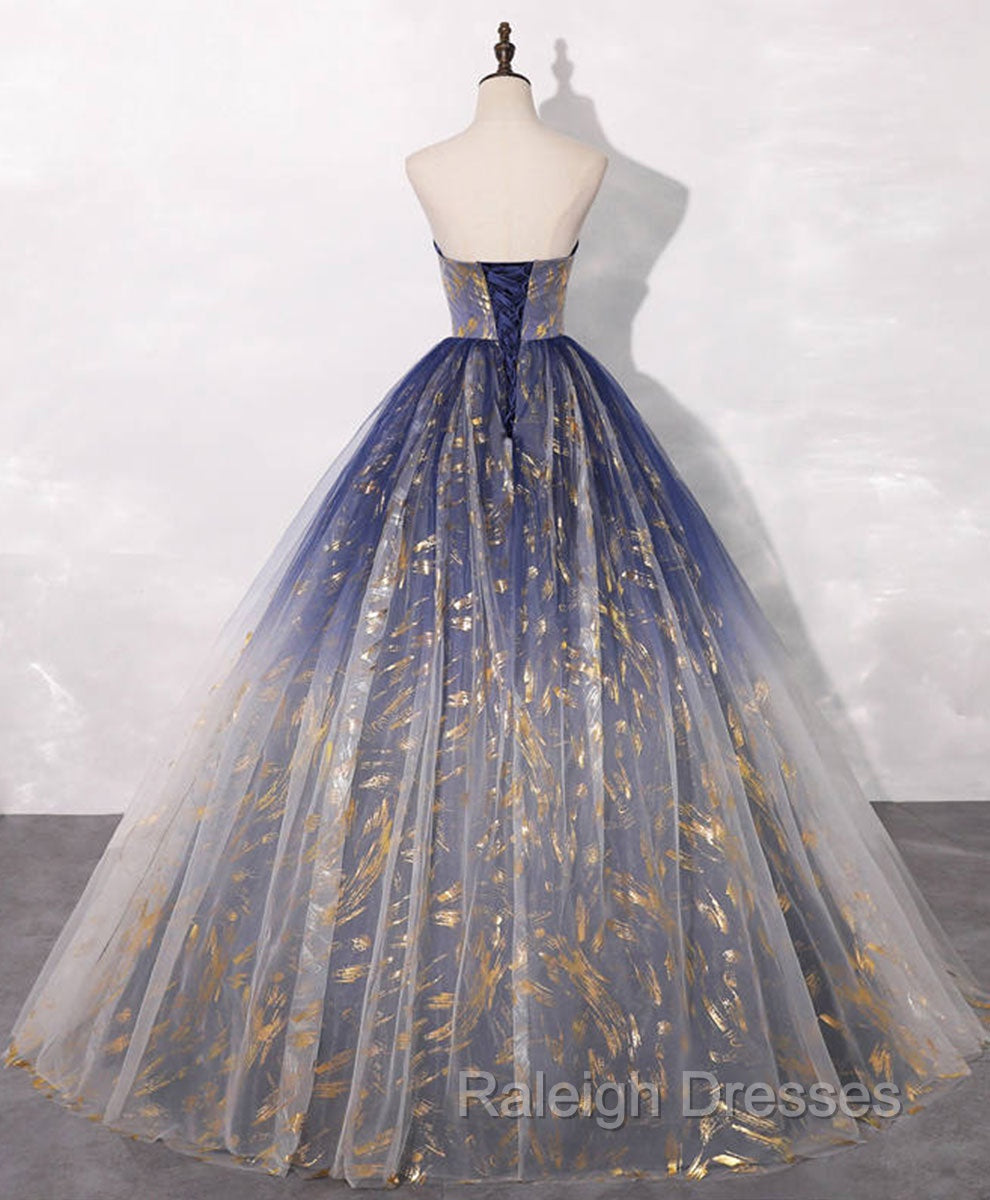 Blue A line Tulle Lace Long Prom Dress, Tulle Formal Blue Graduation Dresses