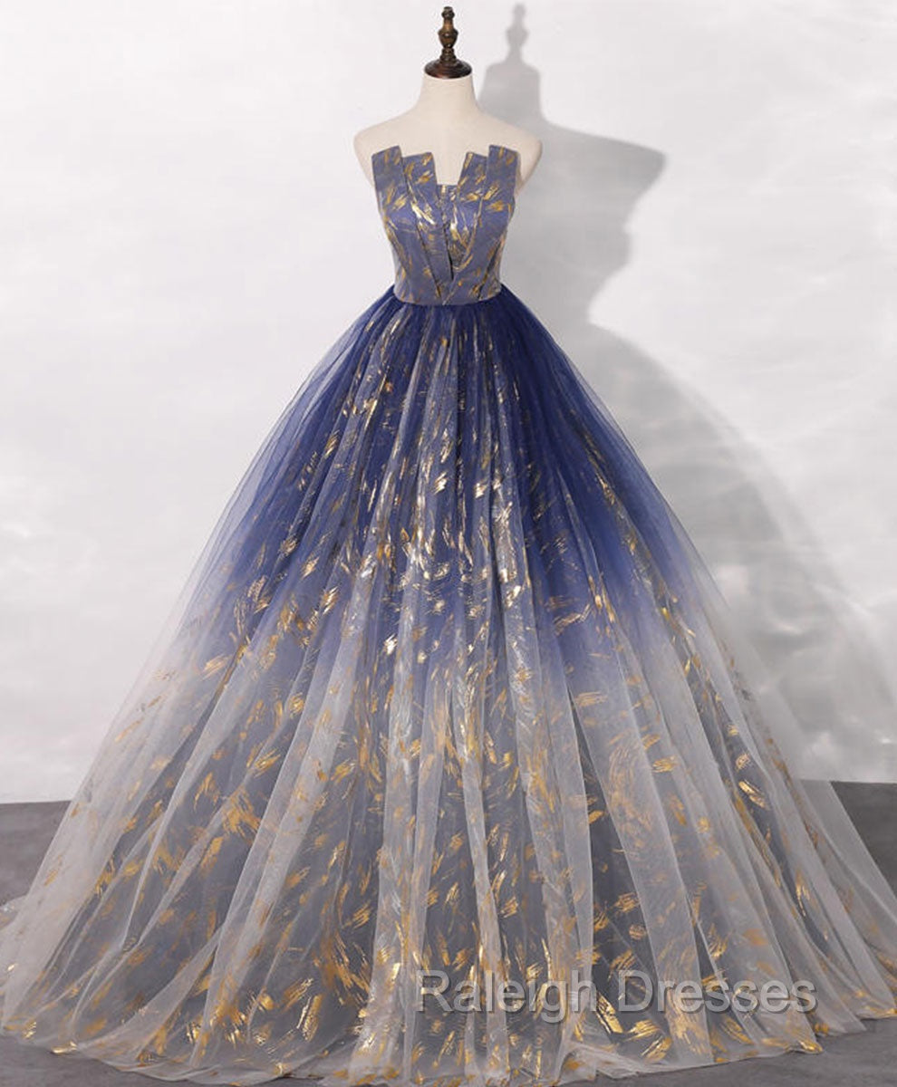 Blue A line Tulle Lace Long Prom Dress, Tulle Formal Blue Graduation Dresses