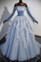 Blue A-Line Tulle Lace Long Prom Dresses, Blue Formal Evening Dresses