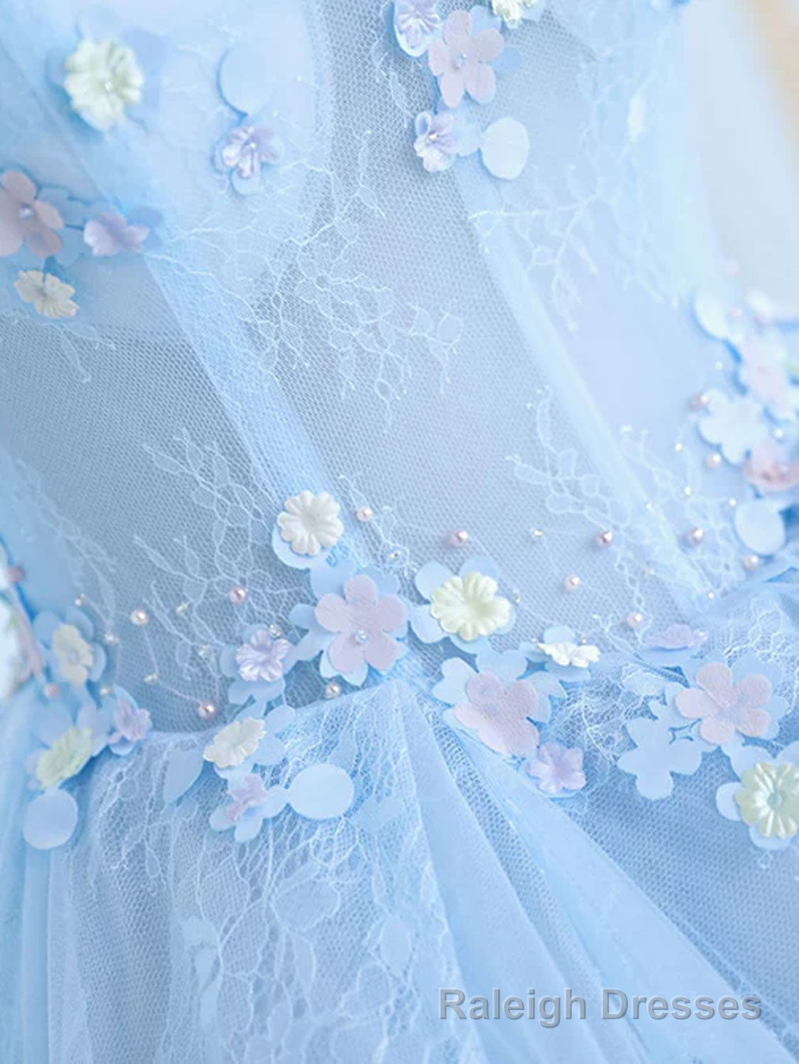 Blue A-Line Tulle Lace Long Prom Dresses, Blue Lace Formal Evening Dresses