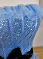 Blue A-Line Tulle Long Party Dress With Belt, Blue Evening Dress Prom Dress