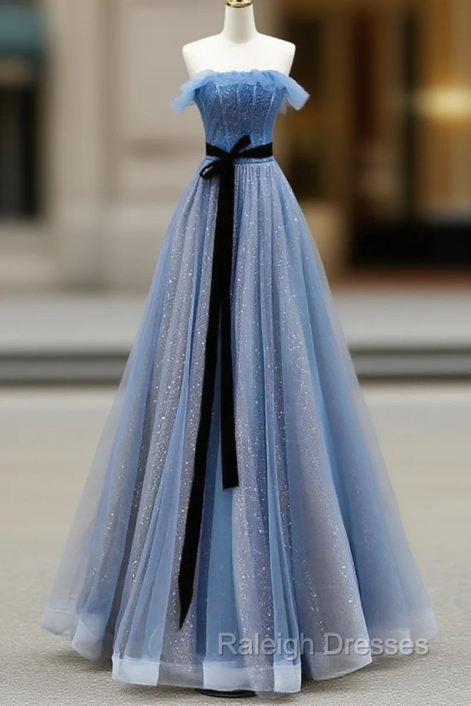 Blue A-Line Tulle Long Party Dress With Belt, Blue Evening Dress Prom Dress Main image