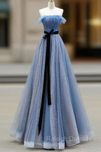 Blue A-Line Tulle Long Party Dress With Belt, Blue Evening Dress Prom Dress