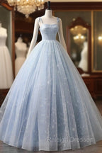 Blue A Line Tulle Long Prom Dress, Blue Formal Sweet 16 Dress