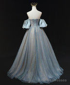 Blue A Line Tulle Long Prom Dress, Blue Tulle Evening Dress with Beading