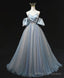 Blue A Line Tulle Long Prom Dress, Blue Tulle Evening Dress with Beading