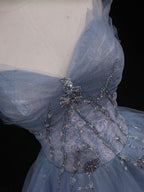 Blue A-Line Tulle Long Formal Prom Dress, Blue Tulle Formal Graduation Dress