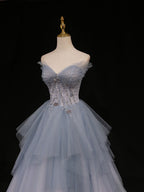 Blue A-Line Tulle Long Formal Prom Dress, Blue Tulle Formal Graduation Dress
