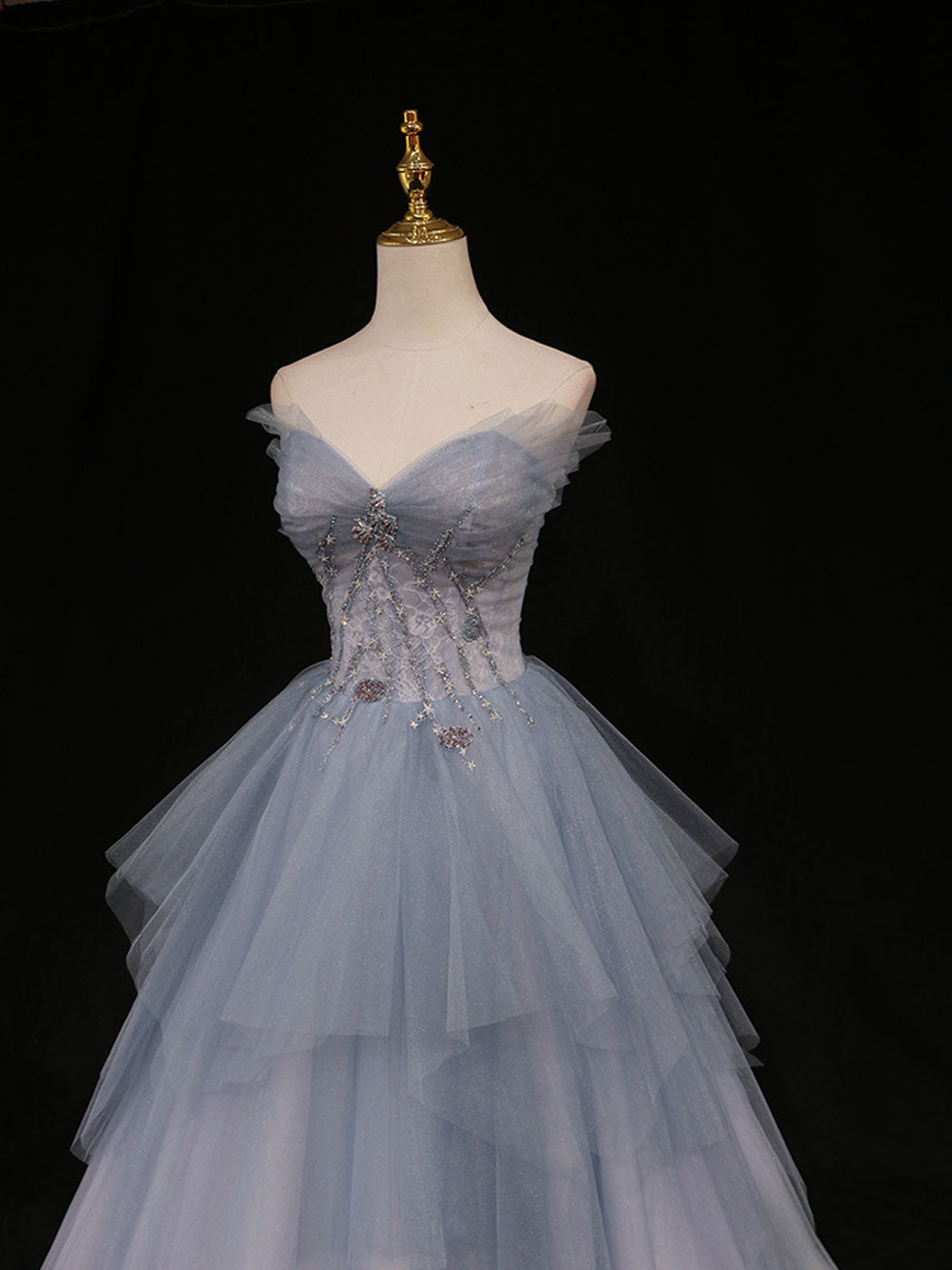 Blue A-Line Tulle Long Formal Prom Dress, Blue Tulle Formal Graduation Dress