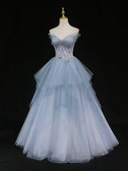 Blue A-Line Tulle Long Formal Prom Dress, Blue Tulle Formal Graduation Dress