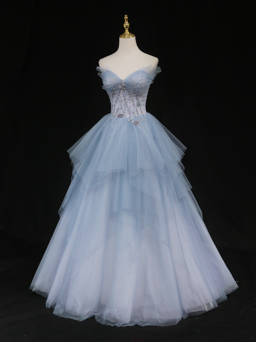 Blue A-Line Tulle Long Formal Prom Dress, Blue Tulle Formal Graduation Dress