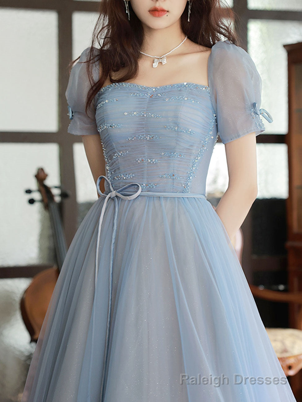 Blue A-Line Tulle Sequin Long Prom Dresses, Blue Formal Evening Dresses Secondary image