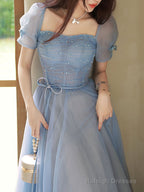 Blue A-Line Tulle Sequin Long Prom Dresses, Blue Formal Evening Dresses