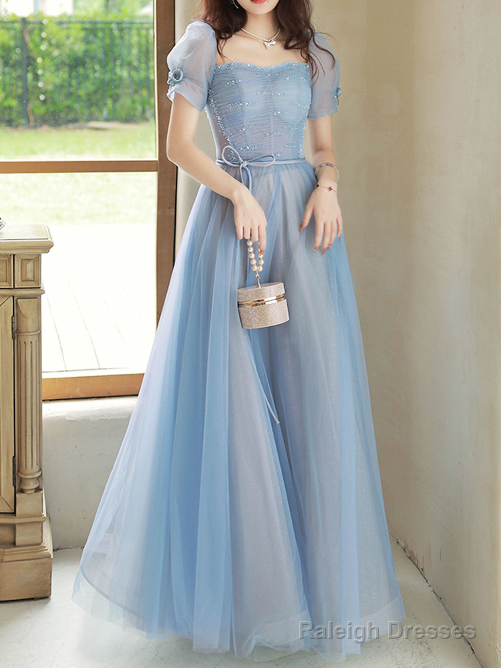 Blue A-Line Tulle Sequin Long Prom Dresses, Blue Formal Evening Dresses Main image