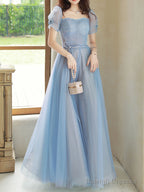 Blue A-Line Tulle Sequin Long Prom Dresses, Blue Formal Evening Dresses