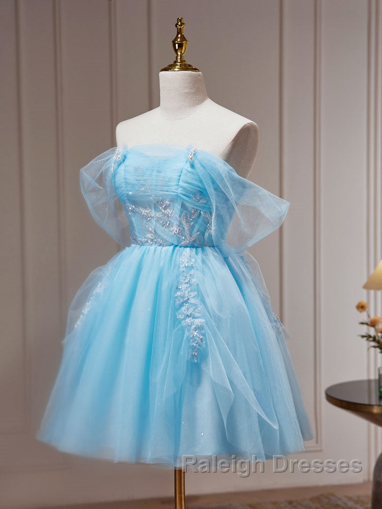 Blue A Line Tulle Short Prom Dresses Blue Homecoming Dresses