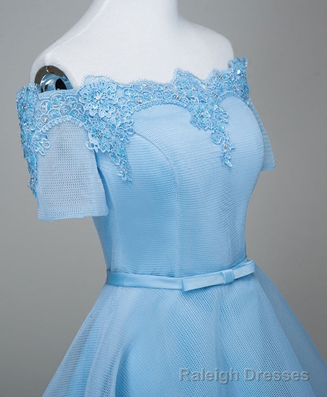 Blue A Line Tulle Short Sleeve Lace Short Prom Dress, Blue Cute Homecoming Dress Secondary image