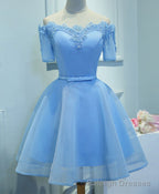 Blue A Line Tulle Short Sleeve Lace Short Prom Dress, Blue Cute Homecoming Dress