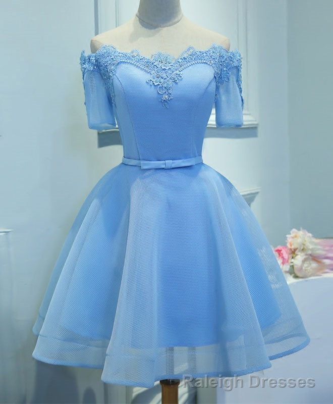 Blue A Line Tulle Short Sleeve Lace Short Prom Dress, Blue Cute Homecoming Dress