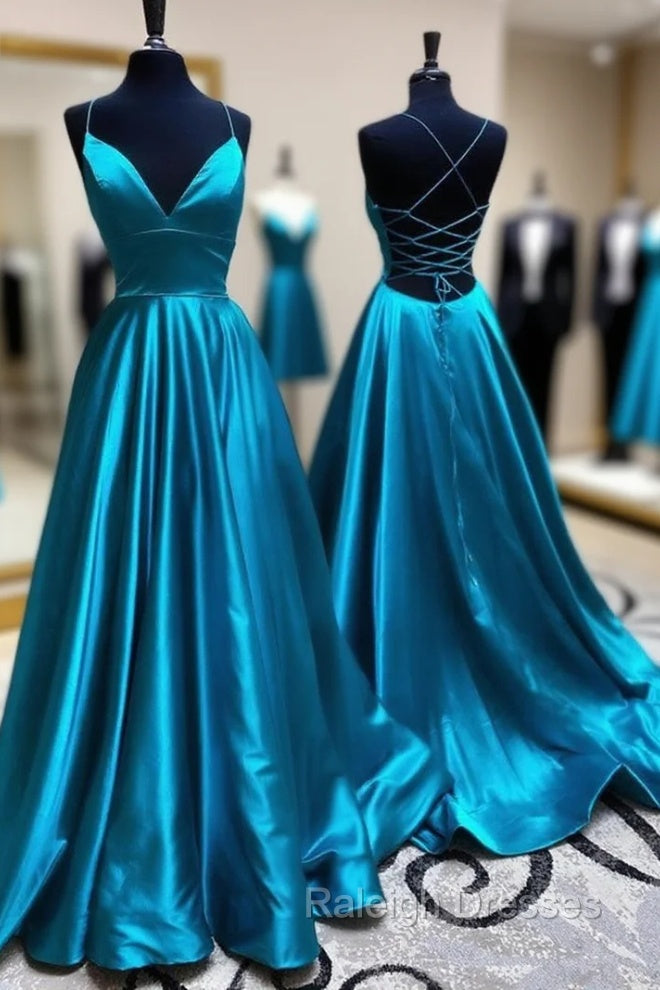 Blue A Line V Neck Backless Satin Long Prom Dresses Open Back Formal Graduation Evening Gowns Main image