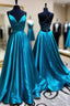 Blue A Line V Neck Backless Satin Long Prom Dresses Open Back Formal Graduation Evening Gowns