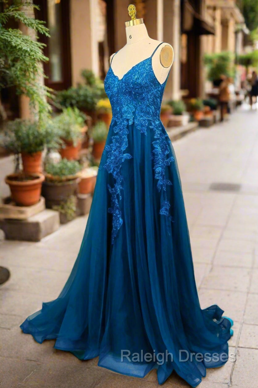 Blue A-line V Neck Prom Dresses Spaghetti Straps Sweep Train Tulle Evening Dresses With Appliqued Secondary image
