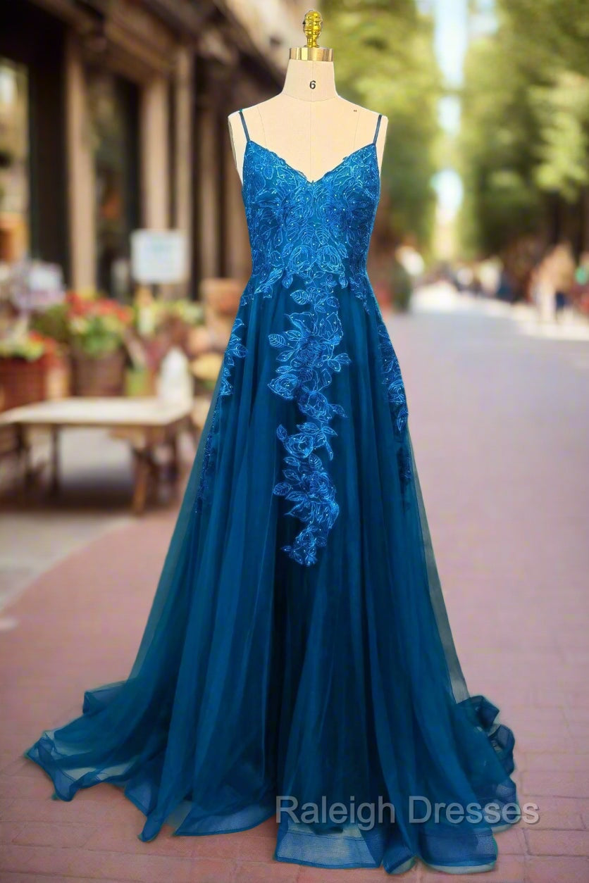 Blue A-line V Neck Prom Dresses Spaghetti Straps Sweep Train Tulle Evening Dresses With Appliqued Main image