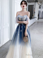Blue Aline Tulle Long Prom Dress Blue Tulle Formal Dress