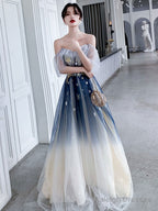 Blue Aline Tulle Long Prom Dress Blue Tulle Formal Dress