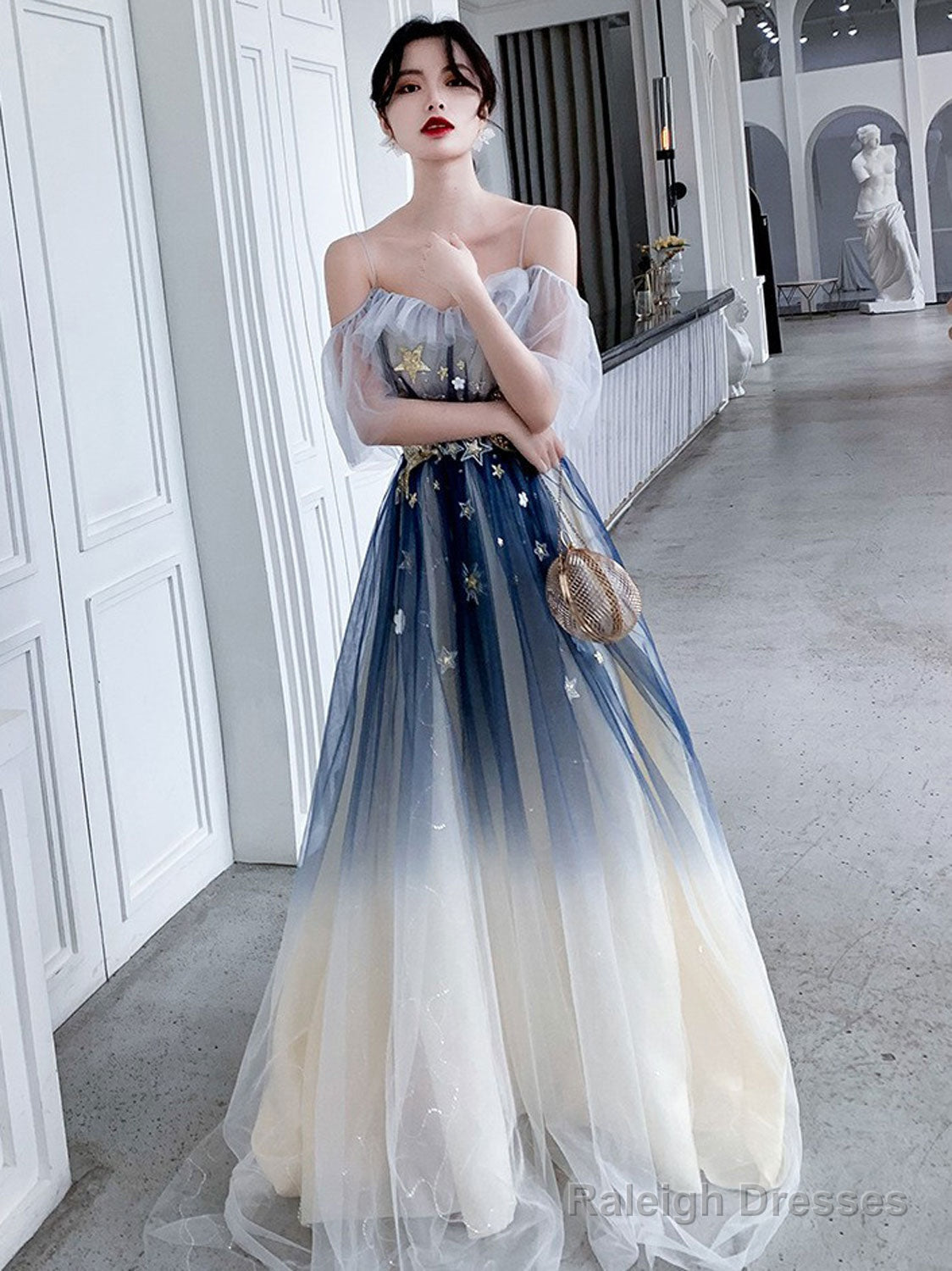 Blue Aline Tulle Long Prom Dress Blue Tulle Formal Dress