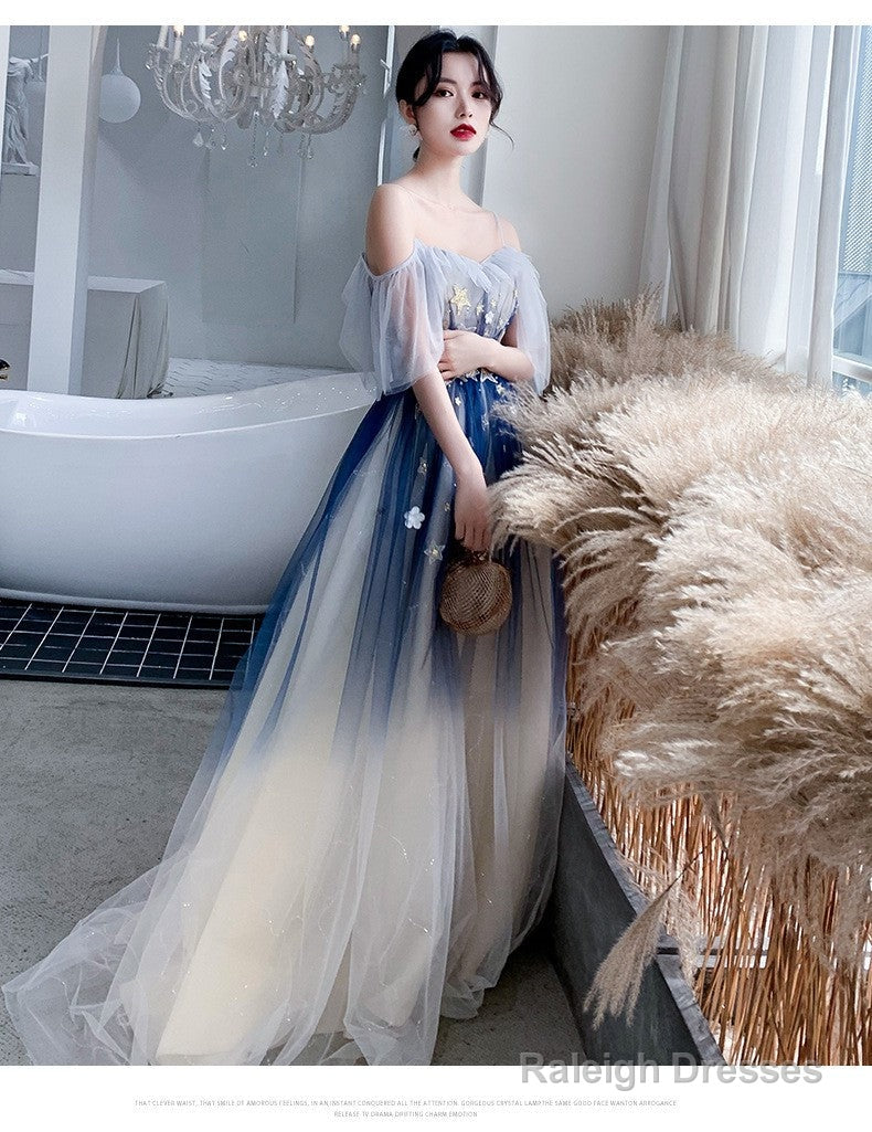 Blue Aline Tulle Long Prom Dress Blue Tulle Formal Dress