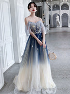 Blue Aline Tulle Long Prom Dress Blue Tulle Formal Dress