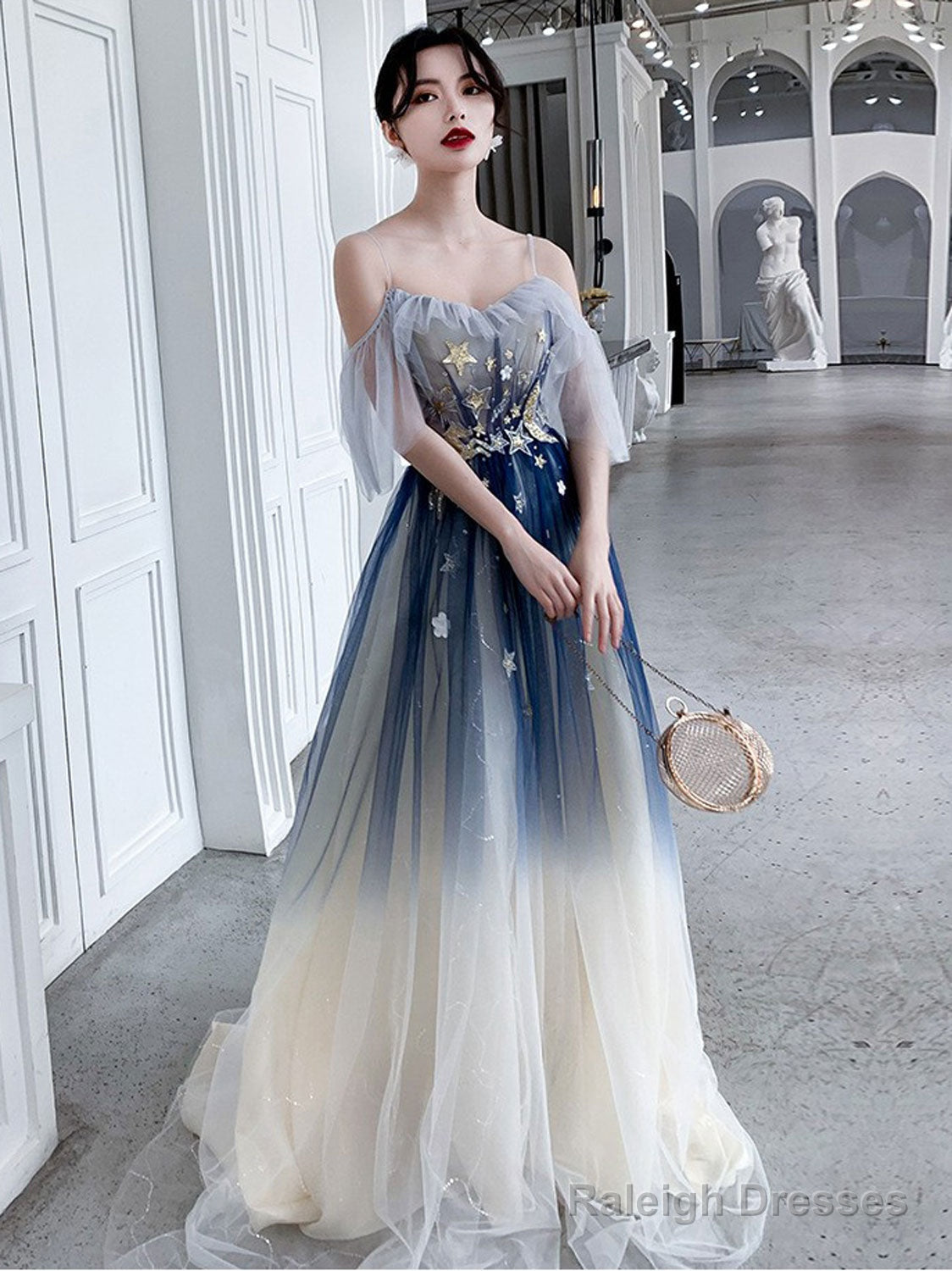 Blue Aline Tulle Long Prom Dress Blue Tulle Formal Dress