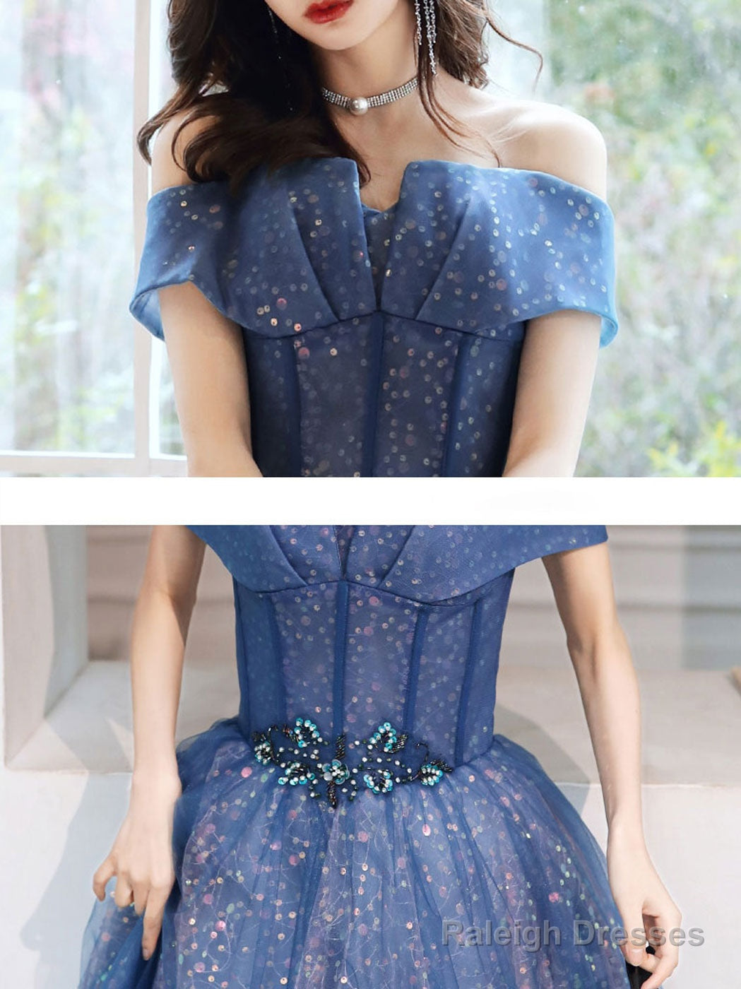 Blue Aline Tulle Off Shoulder Long Prom Dress Blue Long Formal Dress Secondary image