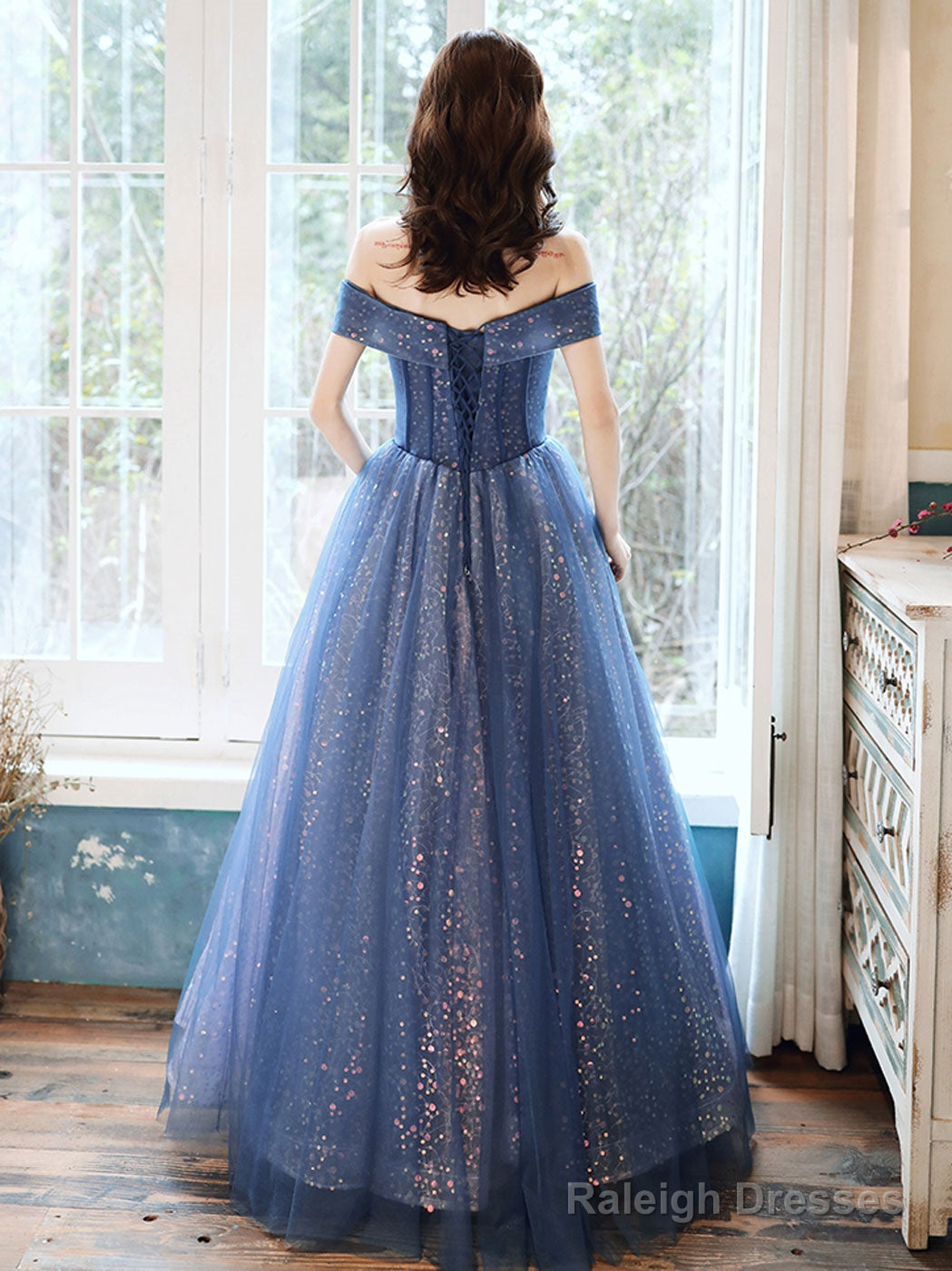 Blue Aline Tulle Off Shoulder Long Prom Dress Blue Long Formal Dress