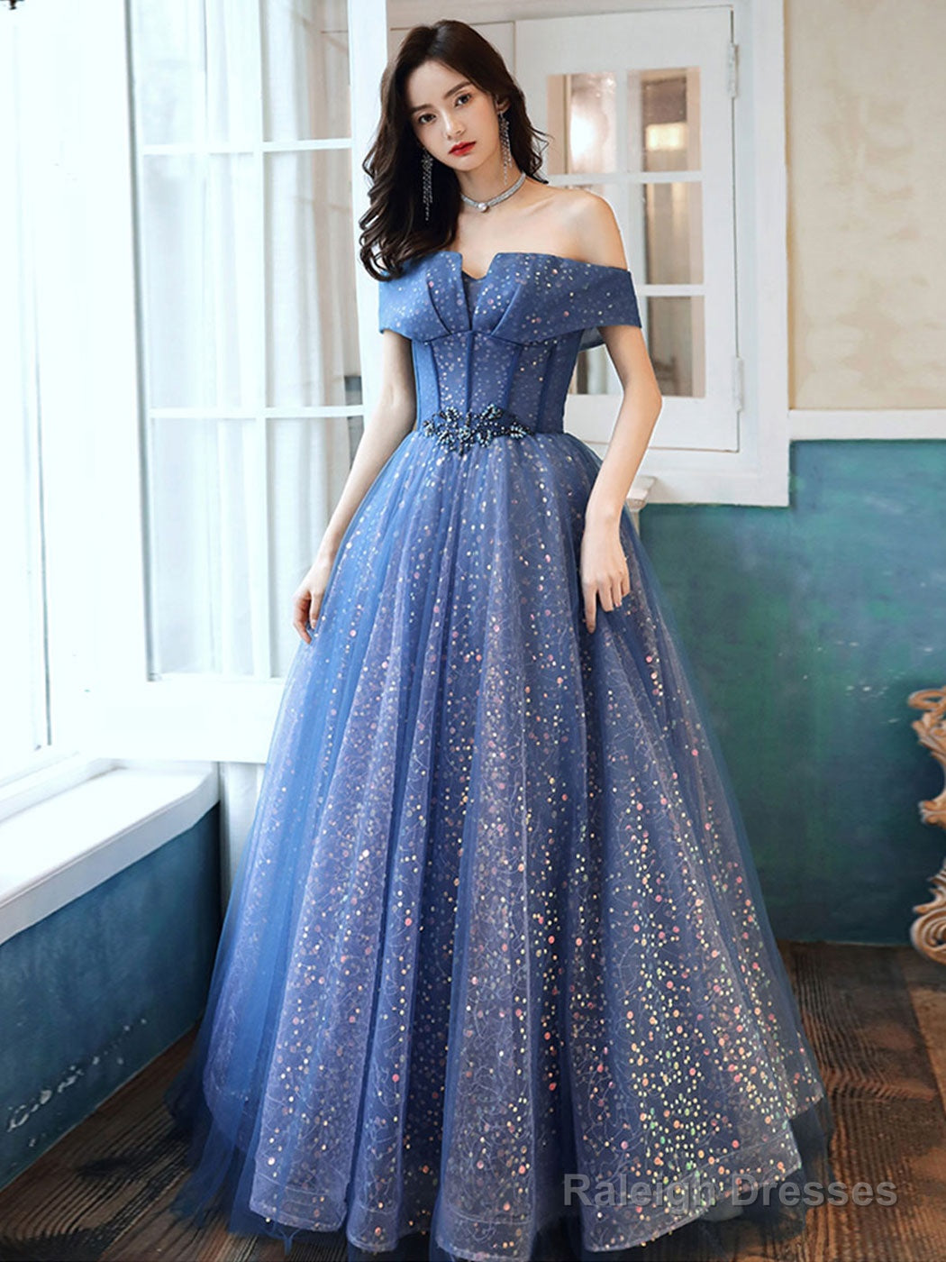 Blue Aline Tulle Off Shoulder Long Prom Dress Blue Long Formal Dress