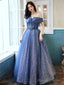 Blue Aline Tulle Off Shoulder Long Prom Dress Blue Long Formal Dress