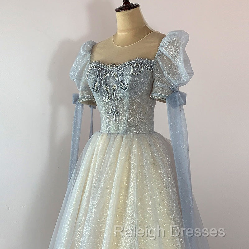 Blue And Champagne Tulle Beaded Shiny Tulle Prom Dresses, A-Line Long Party Dresses