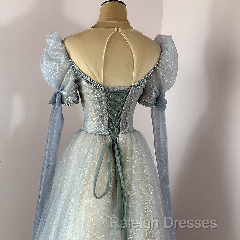 Blue And Champagne Tulle Beaded Shiny Tulle Prom Dresses, A-Line Long Party Dresses