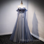 Blue and Grey Tulle Long Sweetheart  Party Dress, Tulle A-line Formal Dress